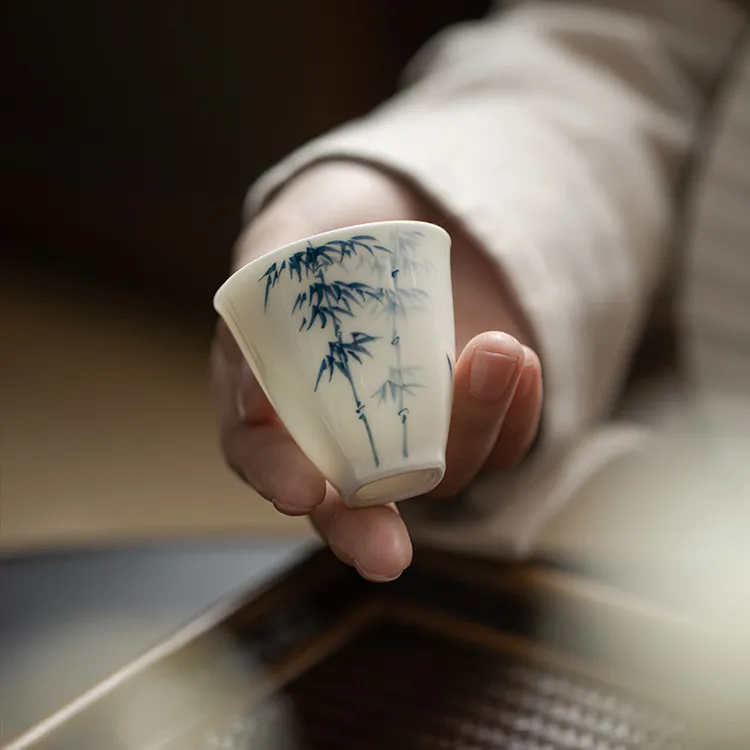 钰硕手造玉泥青花竹逸品茗杯功夫茶具陶瓷釉上手绘单杯家用主人杯