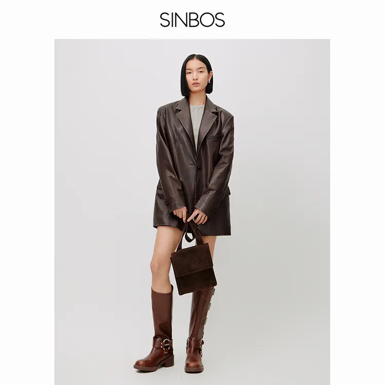 SINBOS真皮皮衣女宽肩廓形西装2024春新款羊皮复古外套SF4D20331