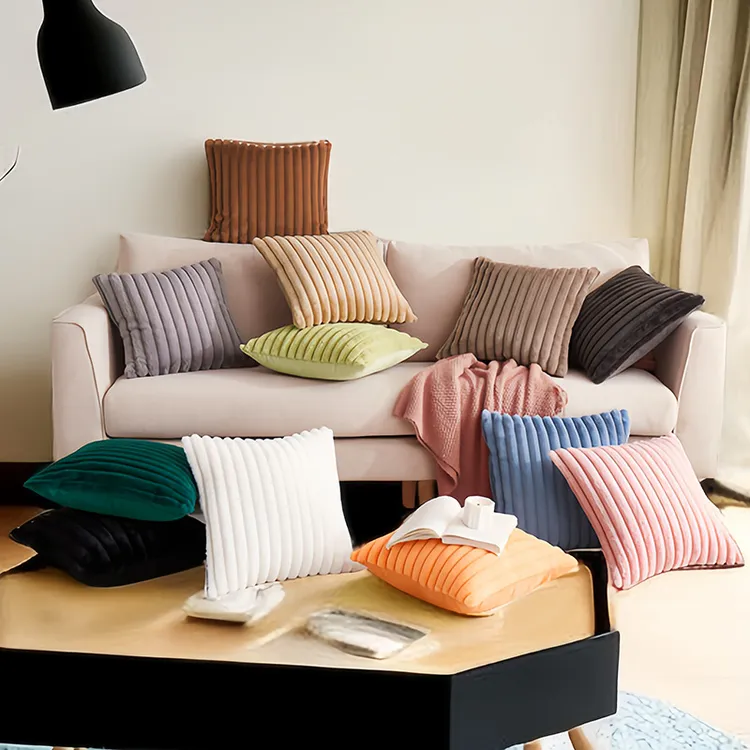 北欧奶油ins风纯色竖条仿兔毛绒抱枕套 单面简约沙发卧室靠枕垫套