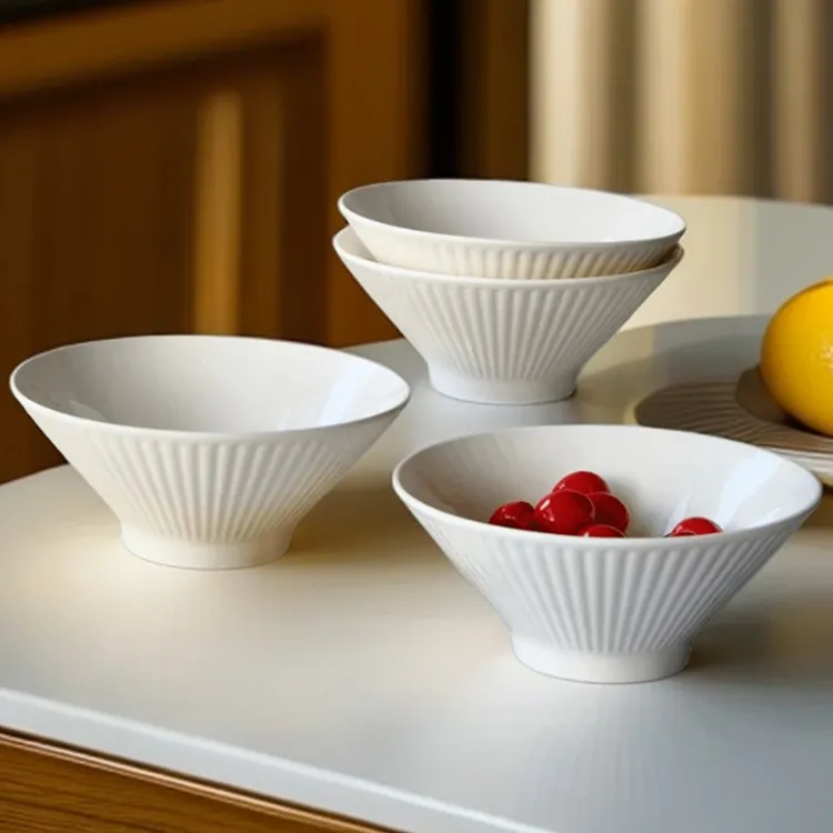 7.02英寸纯白斗笠面碗竖纹沙拉碗牛肉面碗创意商用大碗家用汤碗