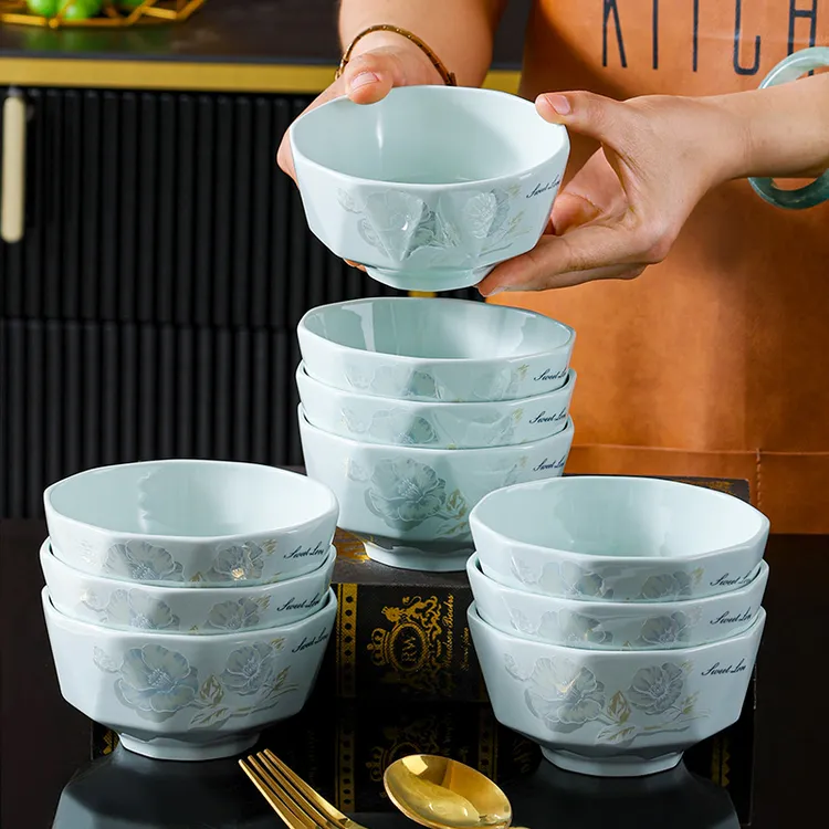 孟垣甜蜜蜜4.5英寸米饭碗10个装加厚防烫牡丹花碗欧式餐具吃饭碗z