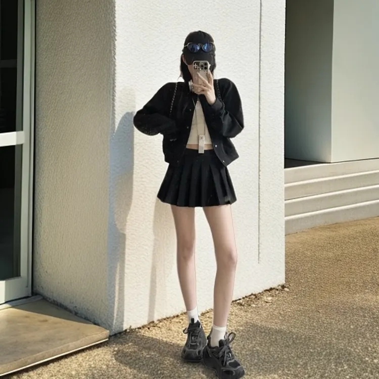 【卫衣套装】新款美式宽松夹克休闲卫衣配高腰百褶裙