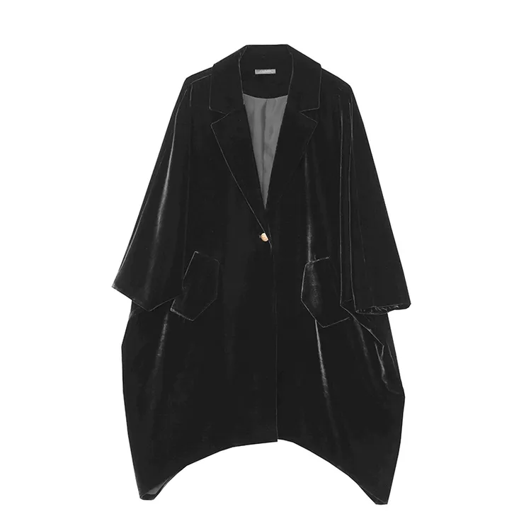 JUZININE原创设计真丝绒外套桑蚕丝斗篷式一粒扣中式西装上衣
