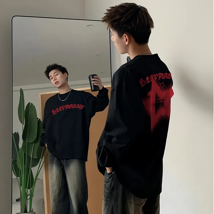 秋冬男士长袖圆领T恤美式纯棉长袖卫衣休闲宽松男士内搭打底衫潮