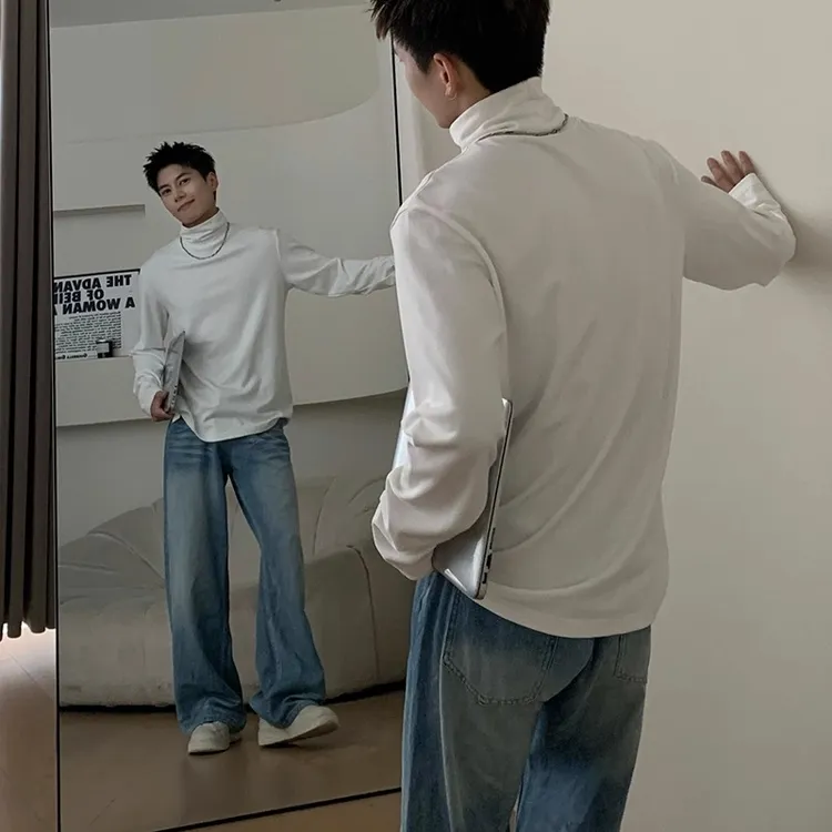 秋冬纯色高领长袖T恤男高街重磅保暖半高领t恤冬季保暖内搭打底衫