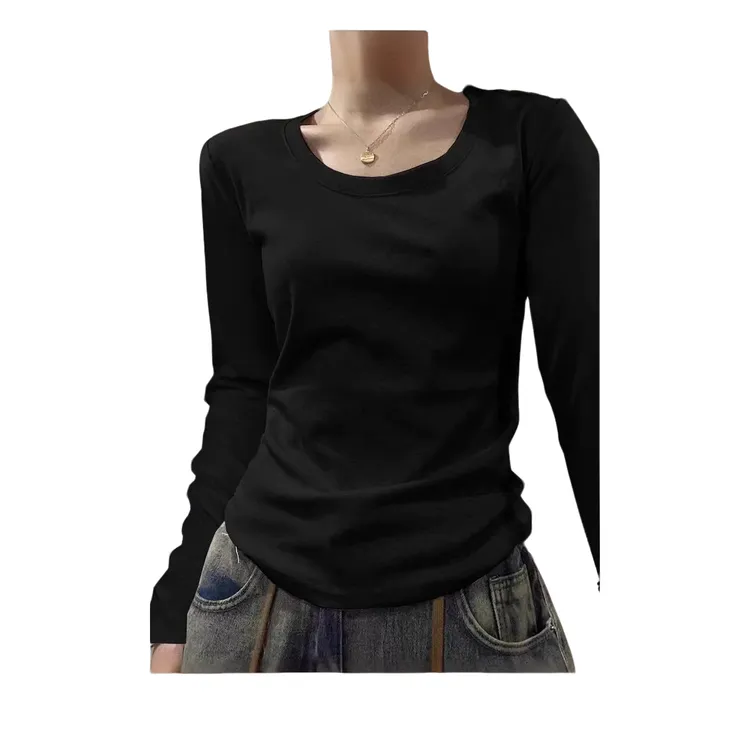 纯色圆领长袖T恤女秋冬季不规则弧形下摆收腰显瘦内搭上衣