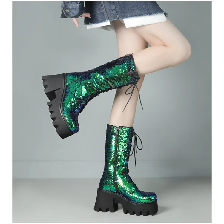 银色绿色欧美马丁靴女粗跟厚底靴子增高鞋亮片高跟中筒靴大码 YMA