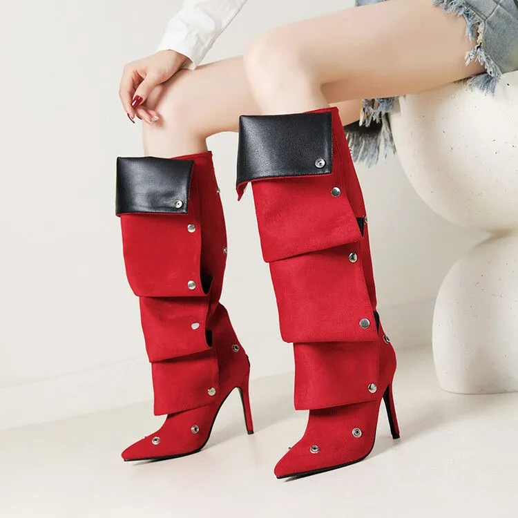 欧美外贸尖头细高跟高筒靴女绒面卡其色棕色红色靴子大码女靴YMA