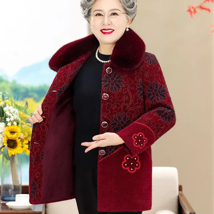 中老年妈妈装冬季仿貂绒加绒外套女装夹棉大码奶奶装加厚上衣冬装
