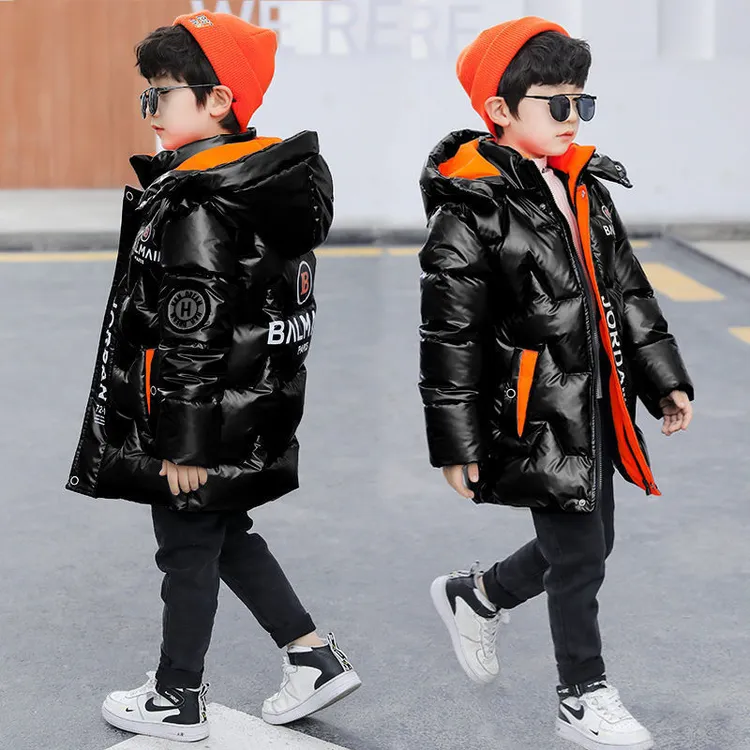 免洗加绒男童棉服冬装新款中大童亮皮棉袄儿童中长款棉衣外套洋气