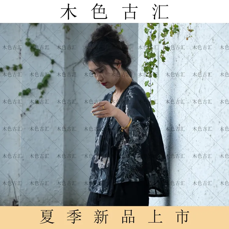 museguhui/木色古汇 5116#时尚夏季印花斜襟盘扣显瘦气质麻提花衫