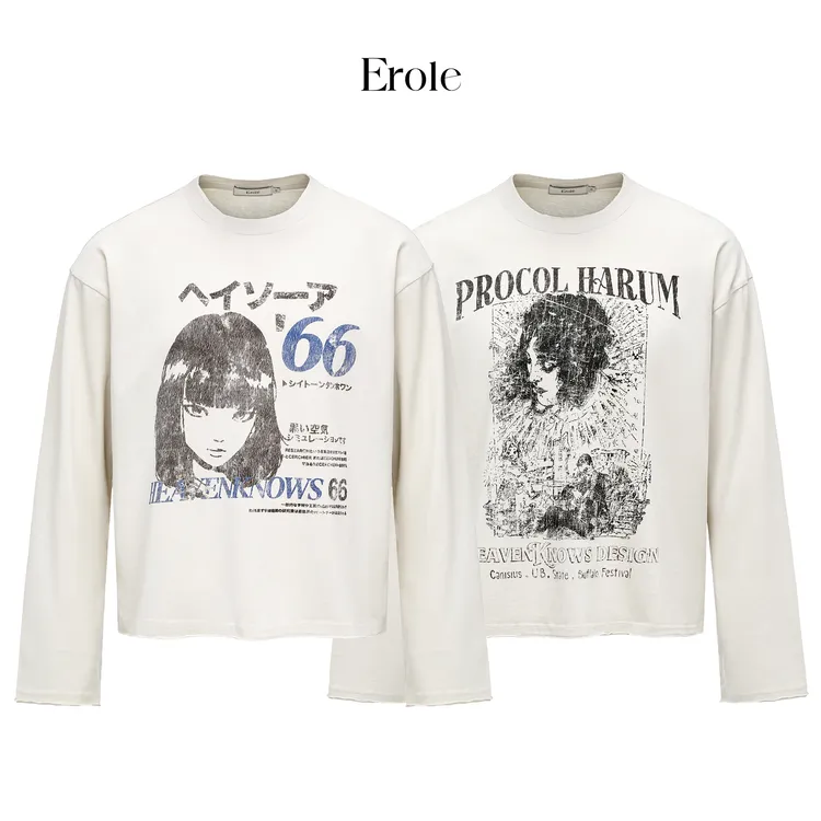 Erole「原创正品」涩谷女孩250g做旧破边数码印花长袖vintageT恤