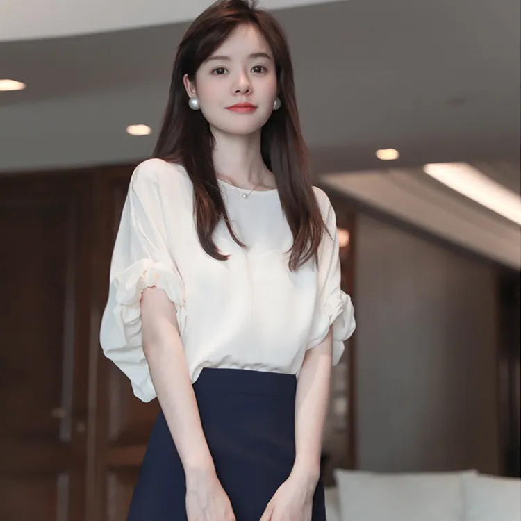 高档气质雪纺衫女短袖洋气小衫夏季新款泡泡袖白色衬衫遮肚上衣夏