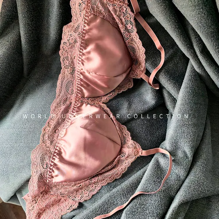 【100%桑蚕丝内里文胸】蕾丝性感三角杯 法式真丝高档无钢圈内衣