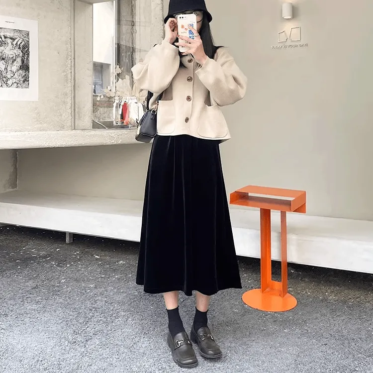 梨形身材显瘦百搭高腰黑色丝绒裙气质大码a字裙垂感中长款金丝绒