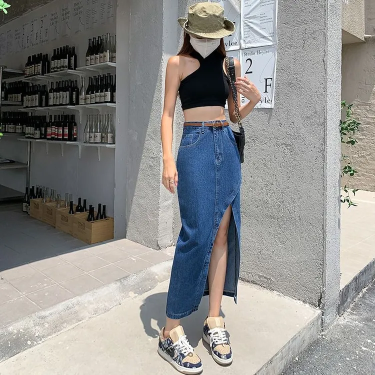 牛仔半身裙女韩国2022新款夏季复古百搭开叉设计感显瘦高腰a字裙