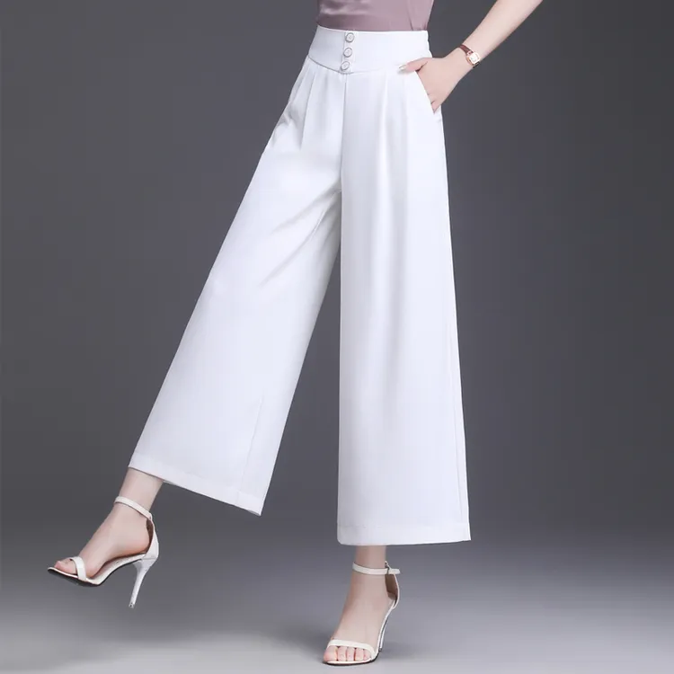 白色阔腿裤女夏季薄款2025新款高腰垂感冰凉丝宽松大脚九分休闲裤