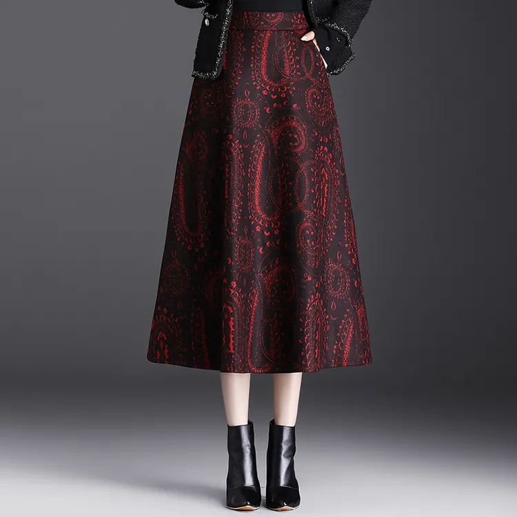 复古印花毛呢半身裙秋冬女2023年加厚高腰显瘦A字裙大摆伞裙长裙