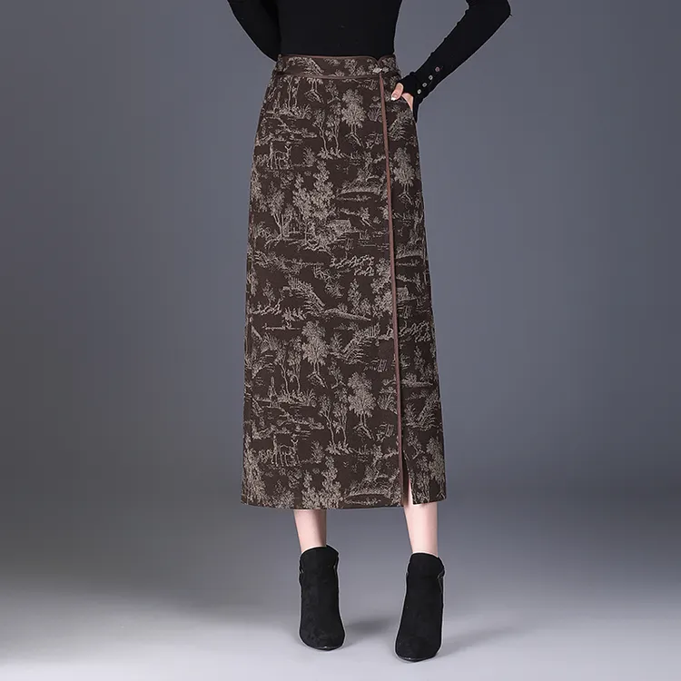 新中式提花羊 毛呢直筒半身裙女秋冬2024新款冬裙包臀裙一步长裙