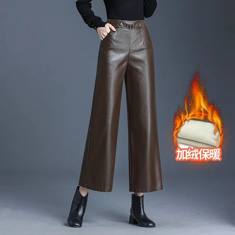加绒加厚九分直筒皮裤黑色PU皮裤阔腿裤女秋冬款保暖高腰时尚皮裤