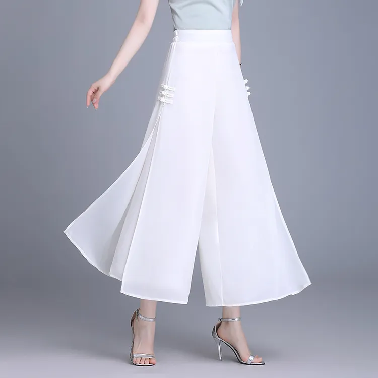 双层雪纺阔腿裤女白色九分2025年夏季新款宽松垂感开叉国风裙裤子