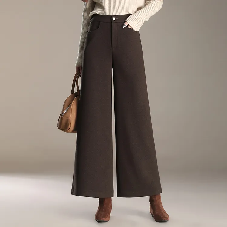 咖色羊毛呢阔腿裤女秋冬季新款高腰显瘦宽松直筒大码休闲九分裤子