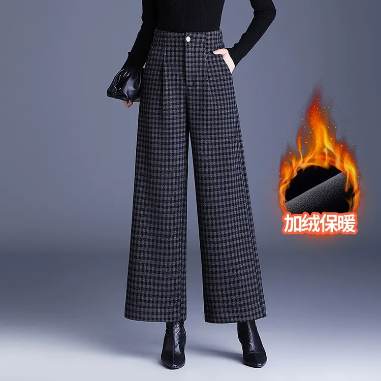 阔腿裤女加绒加厚千鸟格外穿冬季大码毛呢高腰显瘦宽松裤子九分裤