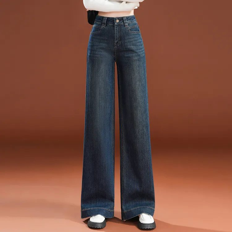春季阔腿裤牛仔裤女秋冬新款高腰显瘦时尚宽松垂感拖地裤加绒加厚