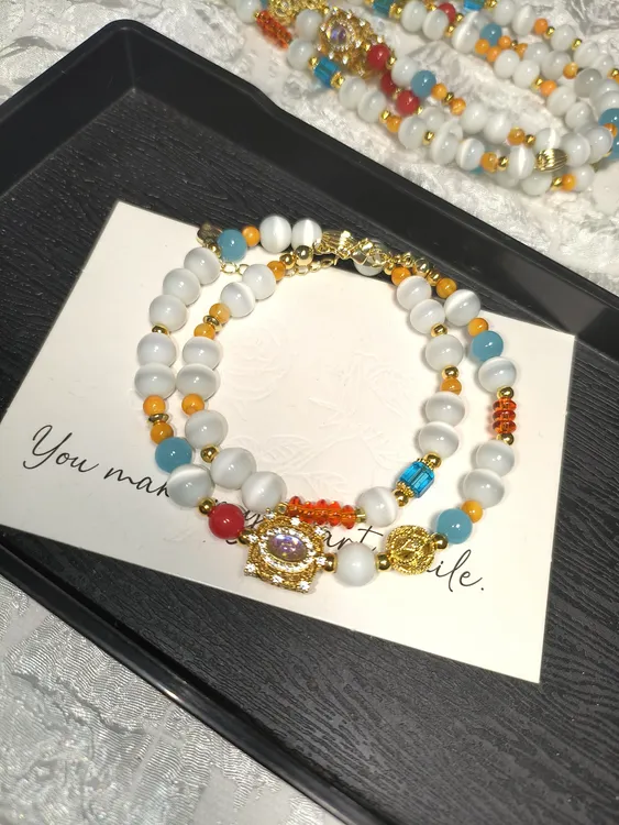 铜合金琉璃手链 原创设计diy白猫眼手链手工白色蓝色多层彩色镶嵌