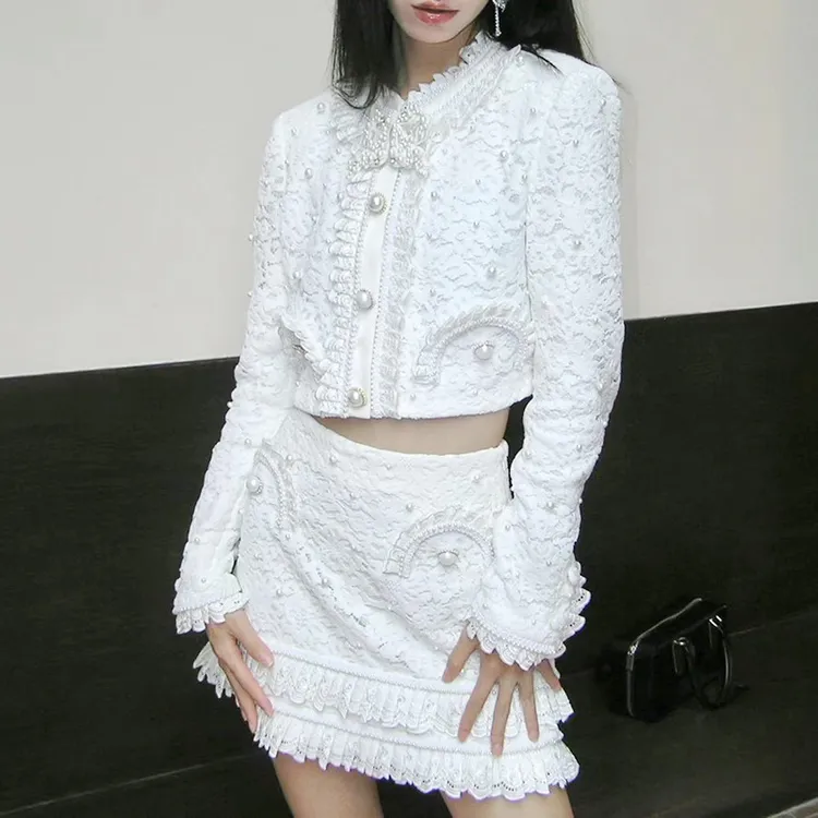 25早秋名媛蕾丝刺绣重工钉珠短外套秋冬富家千金越南小众高定套装