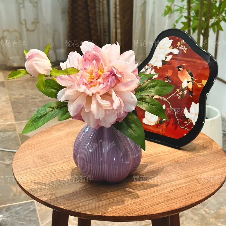 紫牡丹花搬新家仿真花客厅餐桌装饰床头柜高级感陶瓷摆件