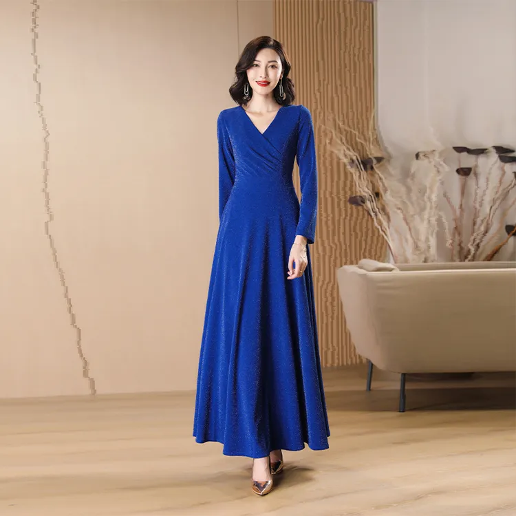 蓝色长袖连衣裙女2022秋新款高级感气质长款显瘦裙子高级感显瘦