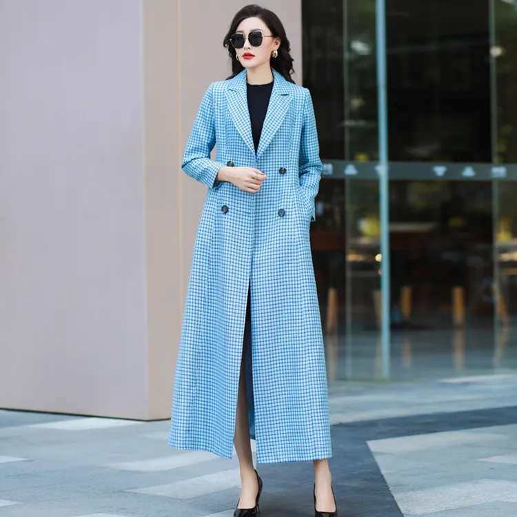 风衣女长款2022新款格子英伦风双排扣外套春秋气质收腰显瘦外套女