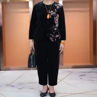 大码妈妈装拼花金丝绒套装女2025春秋款中老年国风盘扣两件套宽松