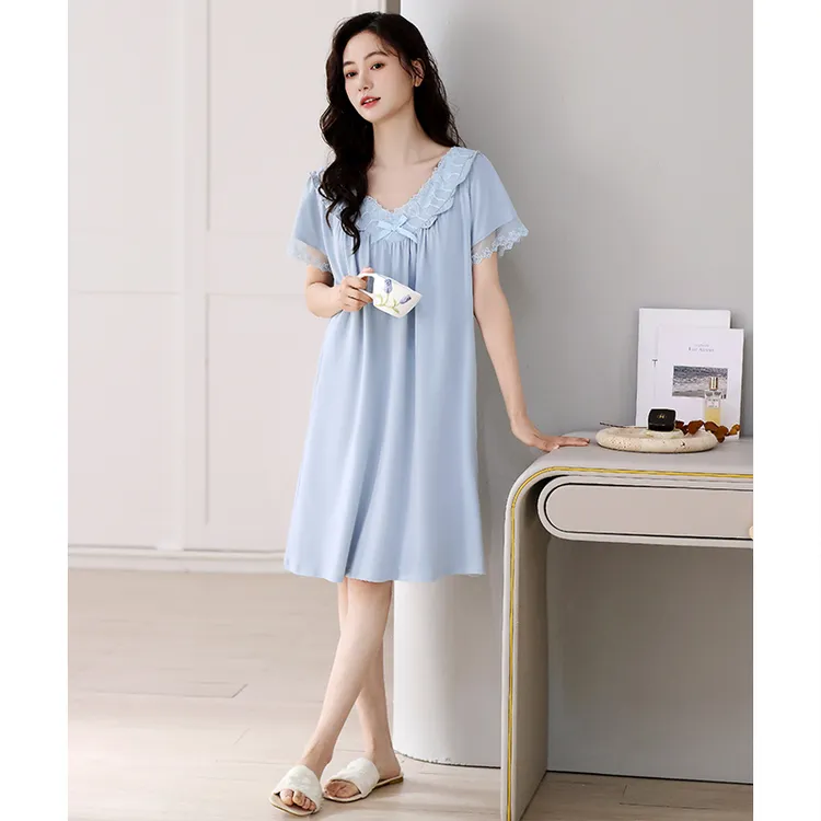 带胸垫睡裙女夏季纯棉短袖睡衣裙薄款夏天2024新款孕妇夏款连衣裙