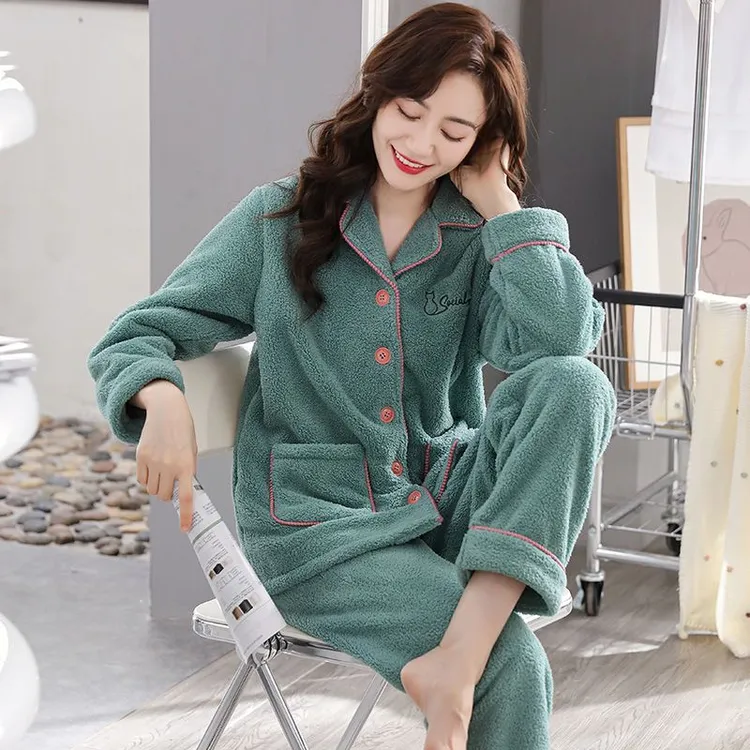 睡衣女士秋冬季冬天保暖加绒加厚珊瑚绒家居服大码法兰绒两件套装