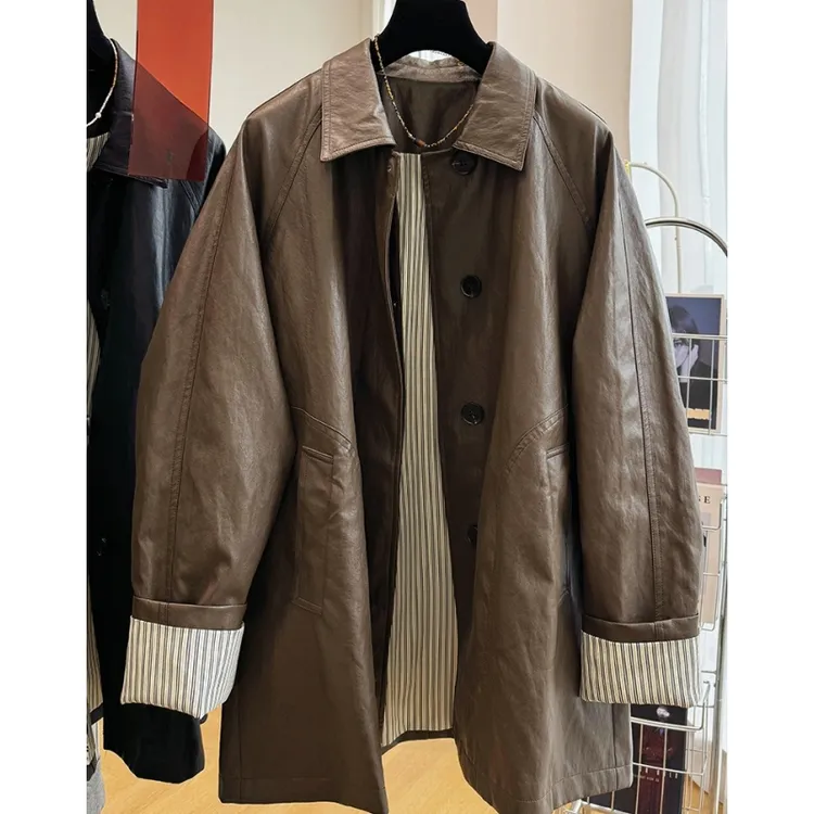 韩系春秋季别致翻领中长款皮衣皮夹克宽松外套女高级感松弛感风衣