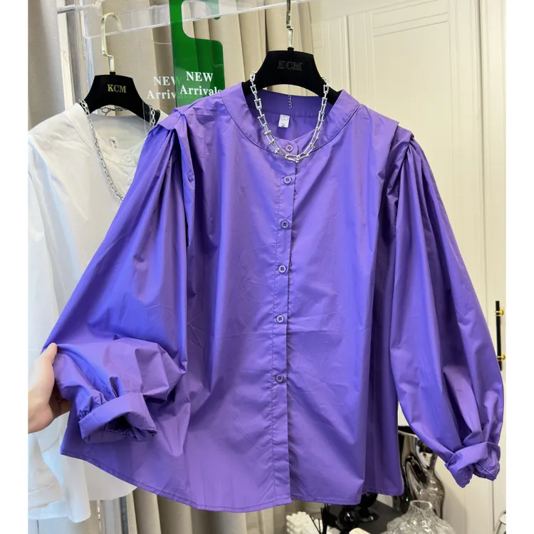 洋气减龄上衣夏季女装宽松纯色衬衫小众设计感圆领灯笼袖长袖衬衣
