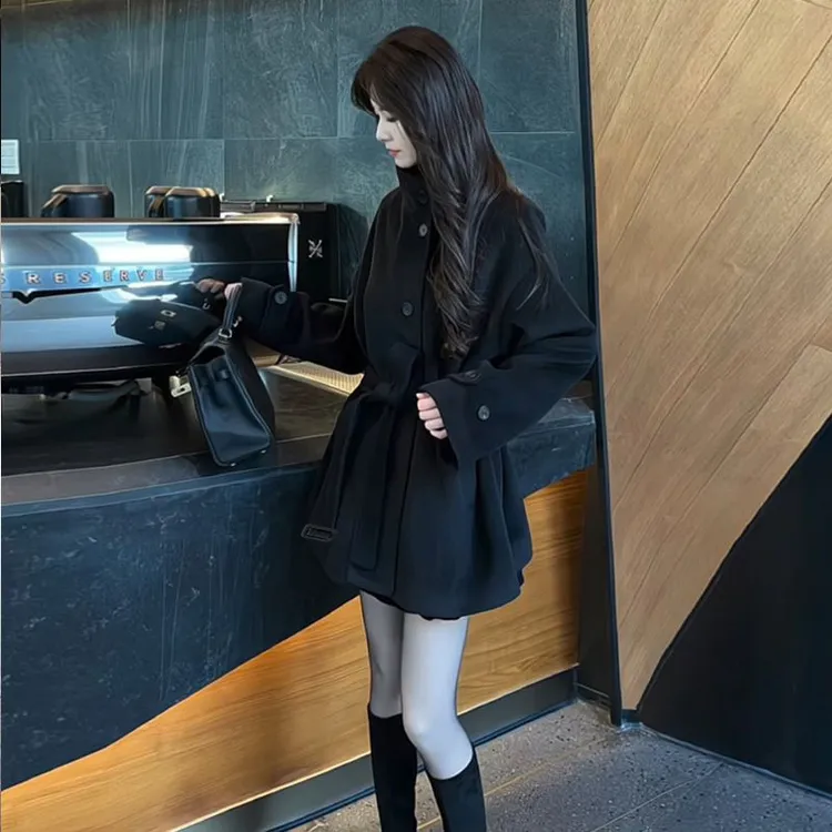 韩系立领毛呢外套女冬2025新款加棉加厚收腰显瘦气质小众呢子大衣