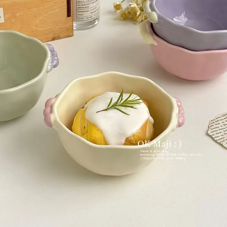 ins奶油风餐具陶瓷碗高颜值饭碗早餐碗可爱双耳碗甜品燕麦酸奶碗