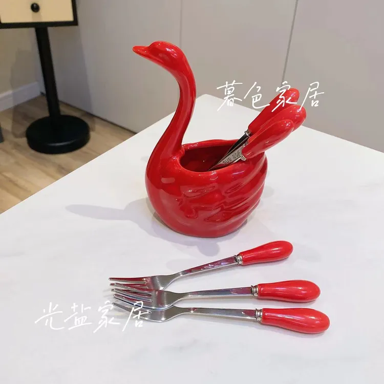 【红色天鹅】高颜值陶瓷水果叉套装釉下彩果签叉甜品叉304不锈钢叉