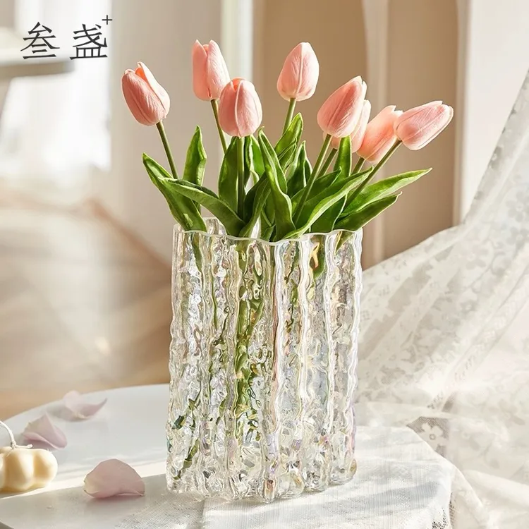 叁盏水晶锤纹花瓶玻璃欧式轻奢家用客厅高级花器园艺冰纹装饰摆件