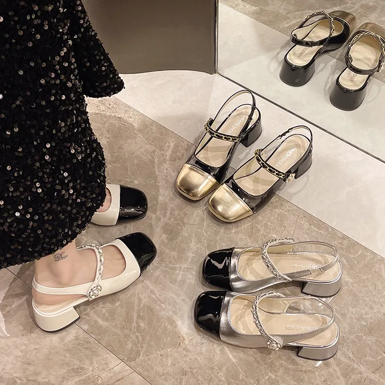 法式包头凉鞋女外穿2025夏季新款粗跟银色珍珠单鞋高跟玛丽珍女鞋