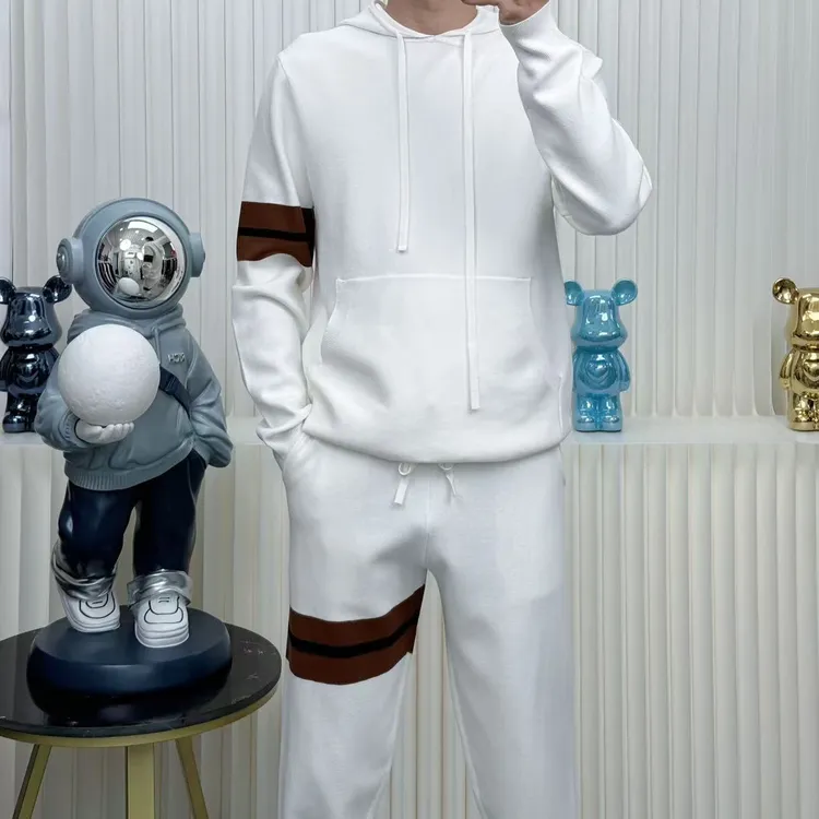 男士秋冬时尚简约百搭连帽潮流轻奢休闲高品拼色织带针织套头卫衣