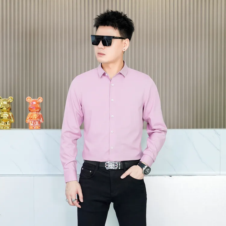 秋季新款衬衣男轻奢修身长袖纯色男衬衣时尚抗皱男士时尚长袖衬衣