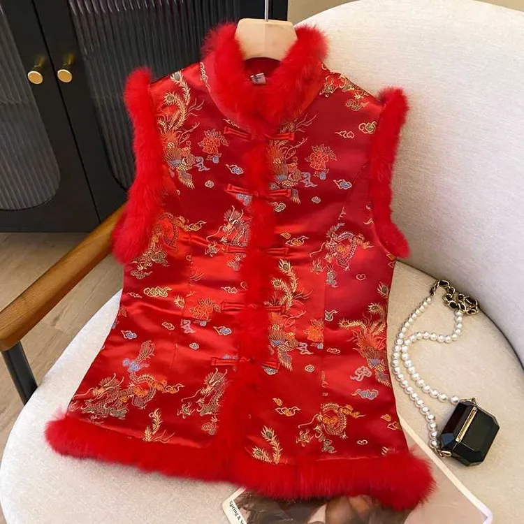 新中式红色唐装小棉袄马甲东北过年无袖上衣盘扣加绒加厚旗袍冬