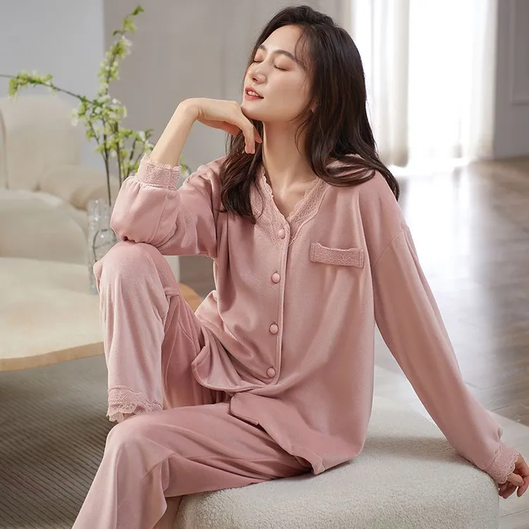 芬腾可安睡衣女加绒加厚长袖海岛绒家居服珊瑚绒居家保暖套装