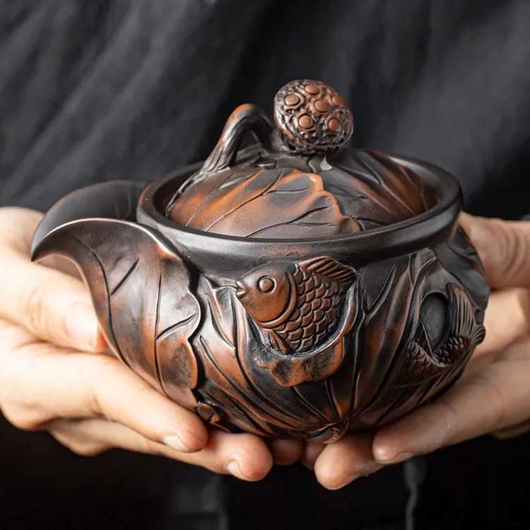 紫陶浮雕手抓壶鎏金茶壶盖碗茶杯陶瓷纯手工宝瓶大容量泡茶壶茶具