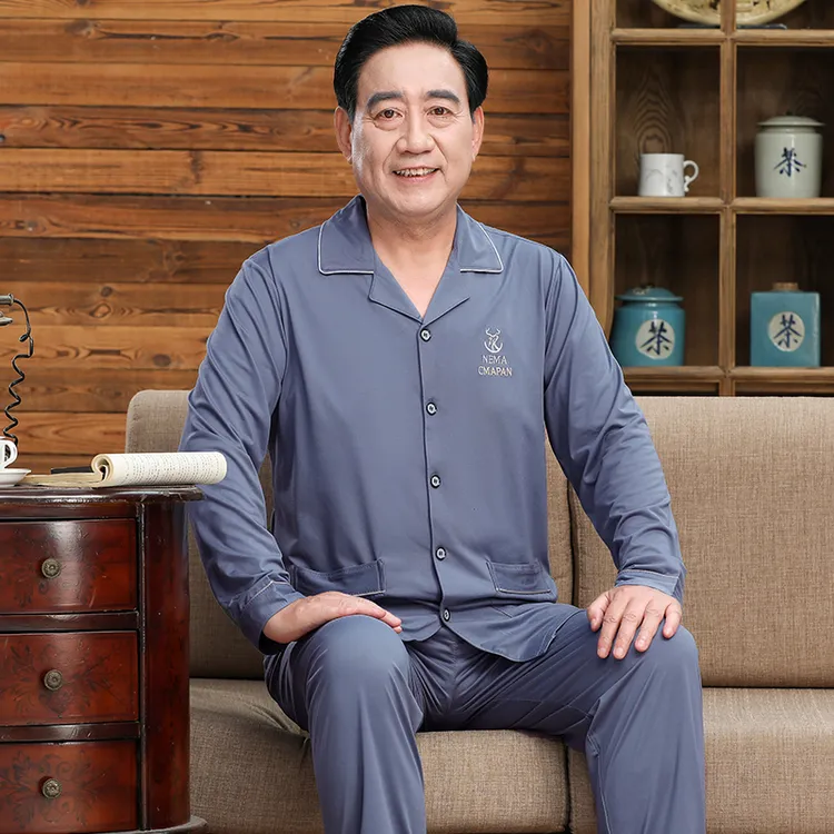 中年男士大码男款纯棉棉质长袖春秋季薄款老年人男士高端睡衣套装