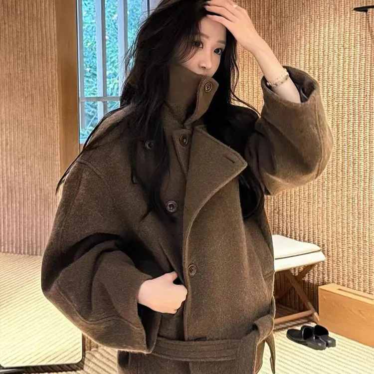秋冬新款翻领毛呢子大衣外套时尚百搭保暖外套2024宽松加厚冬季